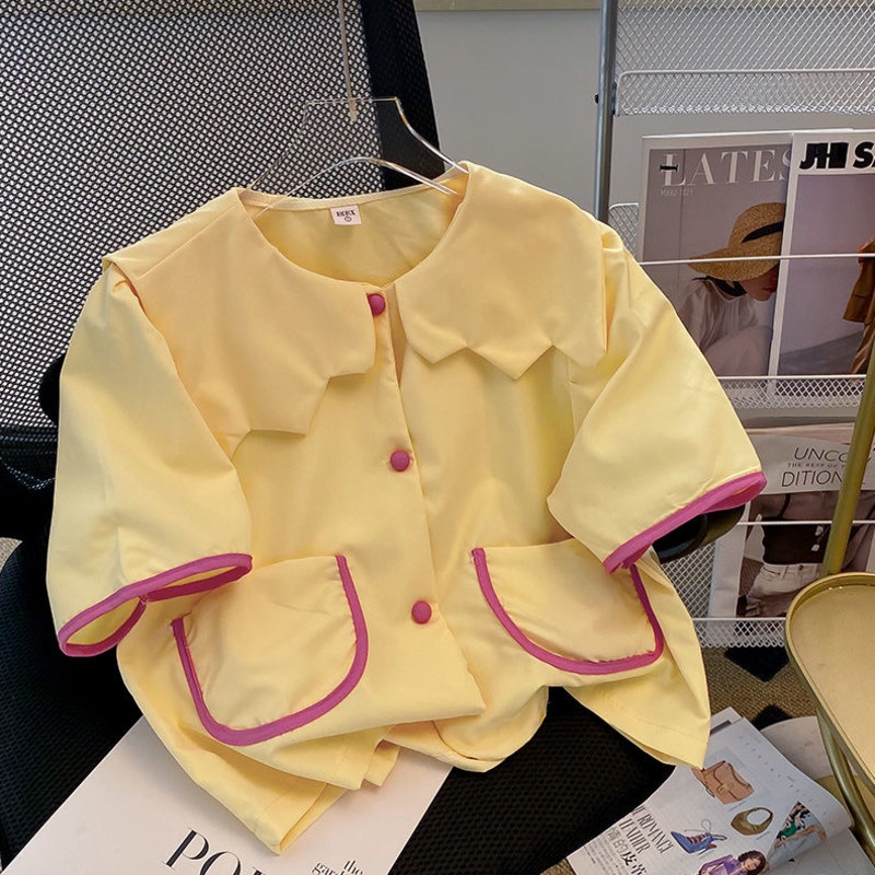 Áo Sơ Mi Tay Ngắn Phồng Ngắn Cổ Búp Bê Đính Nơ Kiểu Nhật Bản Dễ Thương Cho Nữ