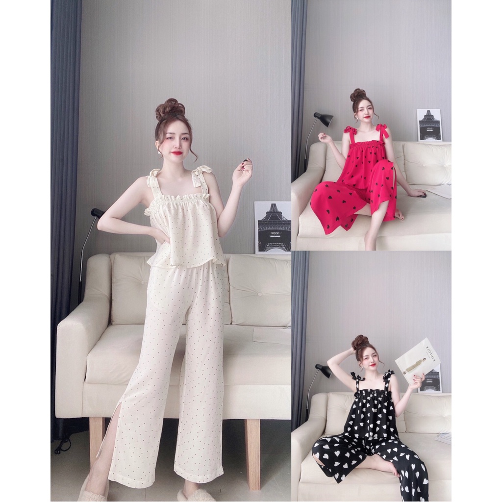 Đồ Ngủ Sexy Nữ, Bộ Ngủ Hai Dây Cột Nơ Quần Dài Xẻ Tà Chất Mango Dưới 65Kg