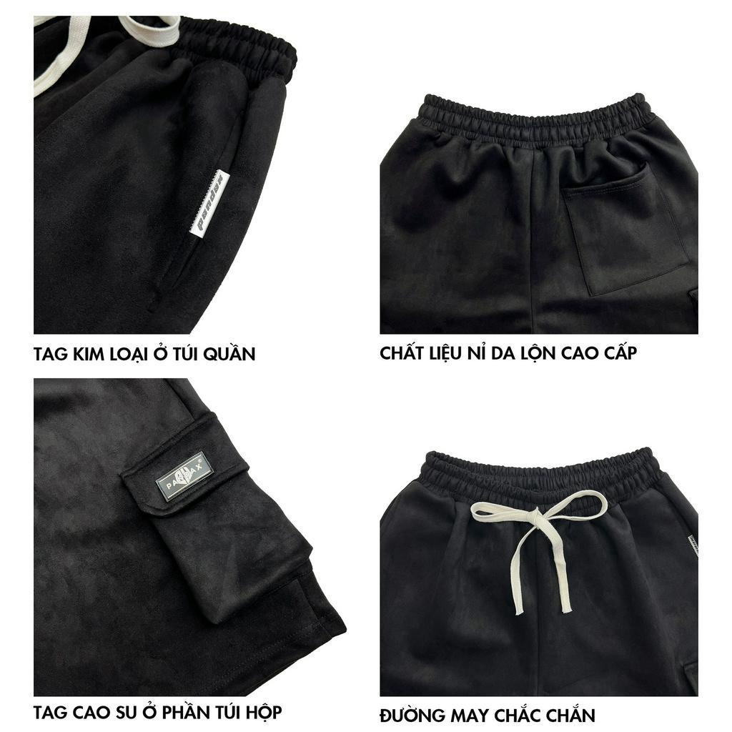 Quần short nam ngắn lưng thun túi hộp local brand big size Pandax polime da lộn basic cao cấp phong cách y2k màu đen