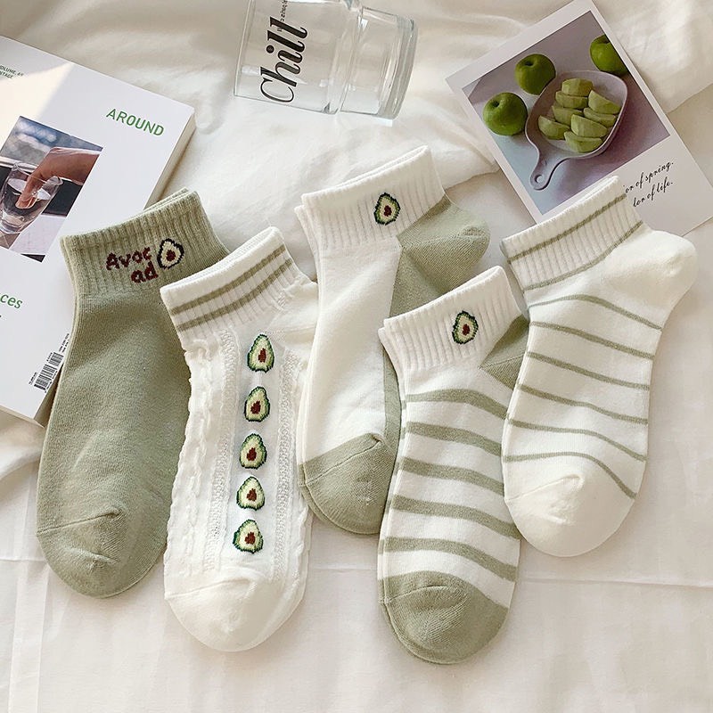 Set 5 đôi tất nữ cổ ngắn màu xanh bơ họa tiết dễ thương, chất liệu cotton, thấm hút mồ hôi