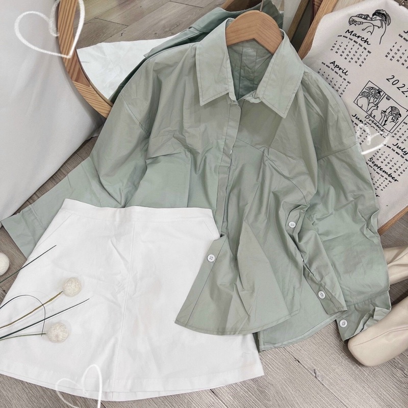 Set áo sm xanh + chân váy trắng