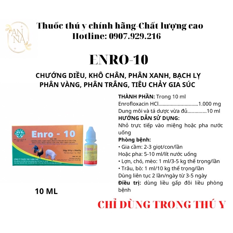 ENRO-10 NĂM THÁI CHƯỚNG DIỀU, KHÔ CHÂN 10ML