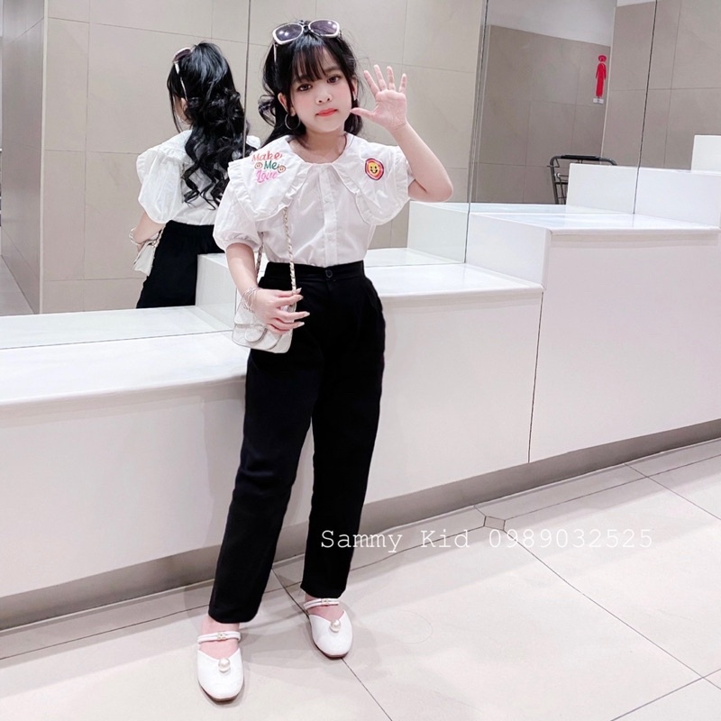 Set áo Sơmi cổ sen Thêu Quần Baggy Vải mềm đi học cho bé gái size đại 16-41kg xinh xắn