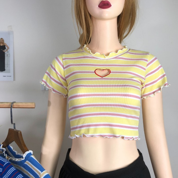 Áo croptop nữ nhiều màu, áo croptop ôm body vải thun gân sọc khoét ngực trái tim cute, K96