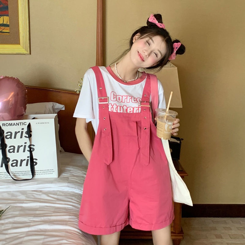 Bộ Áo Thun Dáng Rộng In Họa Tiết + Quần Short Một Mảnh Phong Cách Hàn Quốc Thời Trang Mùa Hè Cho Nữ Sinh