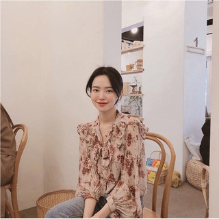 Áo sơ mi hoa ngọt ngào cổ điển Pháp, cổ chữ V, tay phồng, kiểu dáng nữ tính - Hàng order
