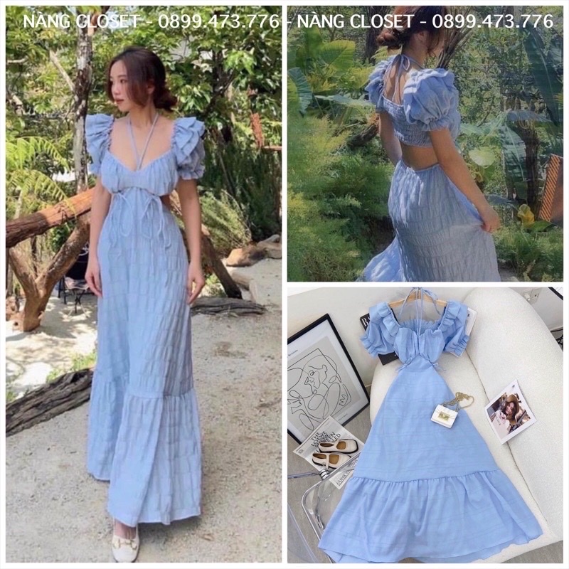 Đầm Maxi cổ yếm bo lưng đi chơi biển SIKY Váy xốp trễ vai thiết kế hai lớp sang trọng MX01