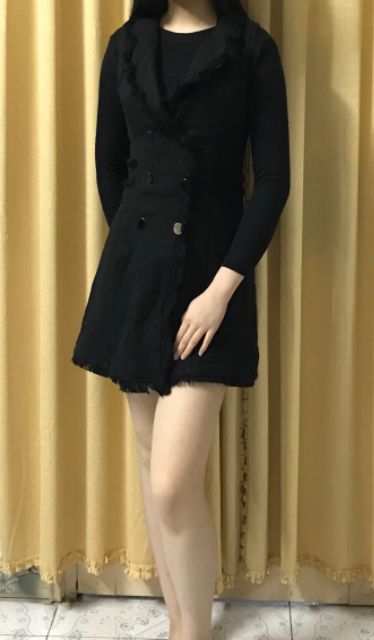 Áo váy gile dạ đen hai hàng cúc công sở Hàn Quốc