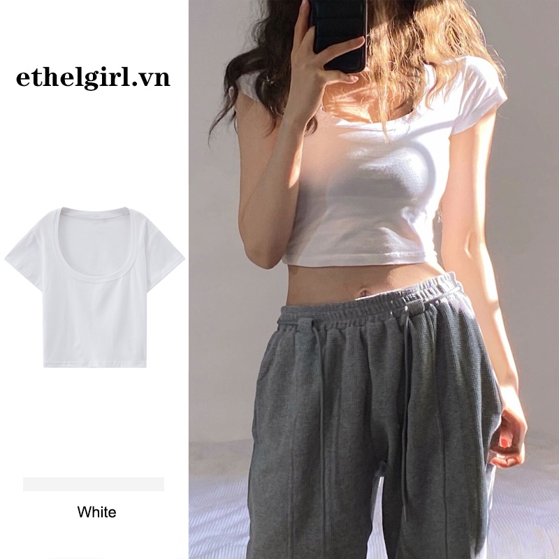 Ethelgirl Áo Croptop Tay Ngắn Thiết Kế Quyến Rũ Dễ Phối Đồ Cho Nữ