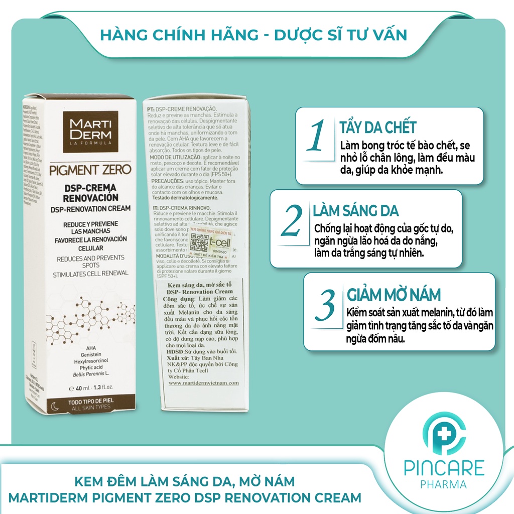 Kem dưỡng da ban đêm MartiDerm PigMent Zero DSP Renovation Cream 40ml làm sáng da, mờ thâm - Hàng chính hãng - Pincare