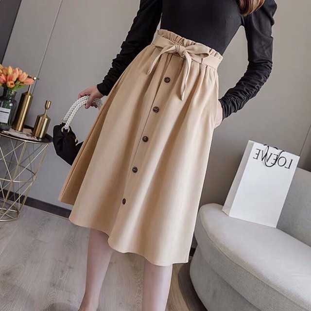 Free Ship_Chân váy dài MIDI Nữ Chucha buộc nơ sang chảnh chất Kaki dày mịn (Video+ ảnh thật) | BigBuy360 - bigbuy360.vn