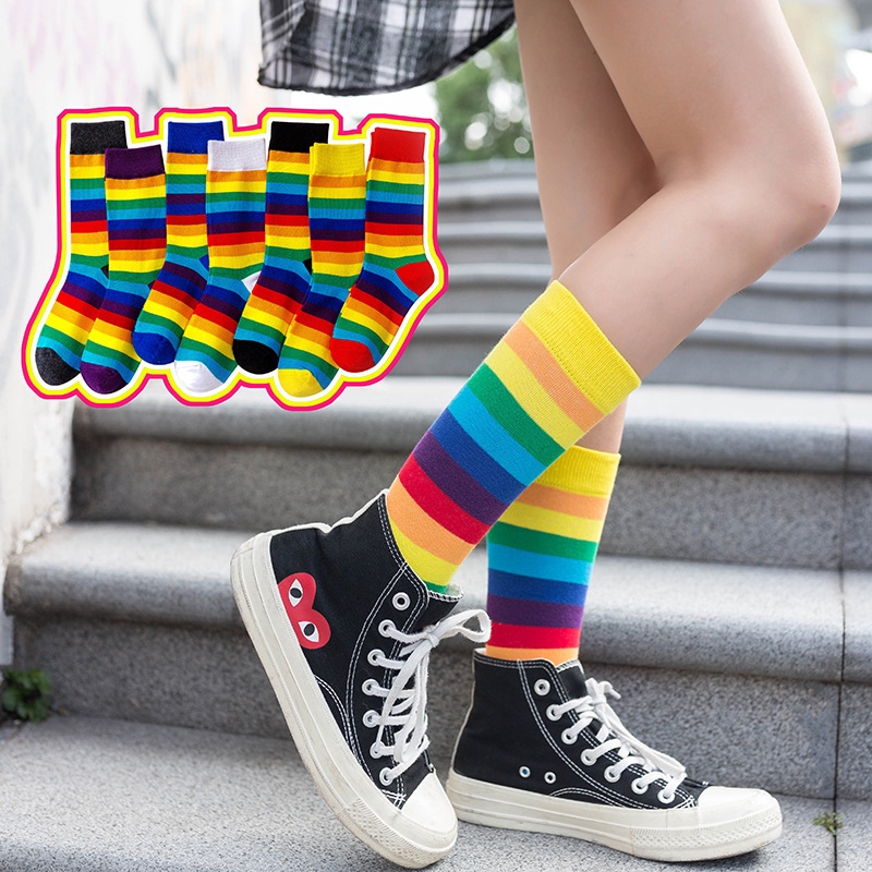 Vớ Cotton Cổ Vừa Họa Tiết Kẻ Sọc Cầu Vồng Phong Cách Preppy Thời Trang Thu Đông Dành Cho Bạn Nữ