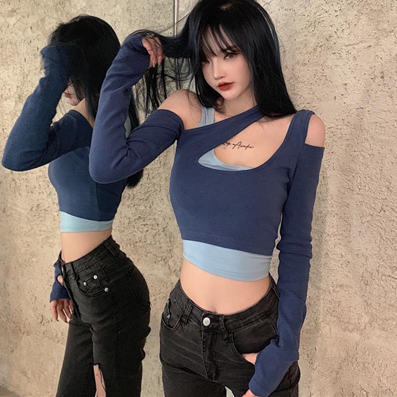 Áo Thun Tay Dài Giả Hai Lớp Phong Cách Hàn Quốc Thời Trang Cho Nữ