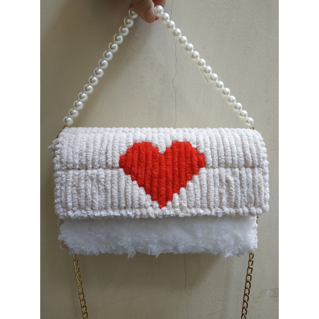 Túi handmade, Túi tự đan len tim Đỏ phối màu có video hướng dẫn Kawaii_Handmade