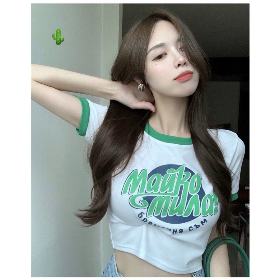 Áo thun borip cổ tròn tay ngắn ôm body in chữ MAUKO croptop phối màu trắng - xanh lá xu hướng thời trang hè cá tính PC