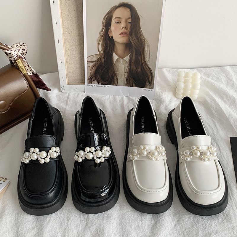[ORDER 7-15ngày](Sẵn trắng 37,39 ĐEN BÓNG35,36 ĐEN LÌ39 ) Giày da lolita cao gót đế giày ĐÍNH NGỌC kiểu vintage Anh Quốc