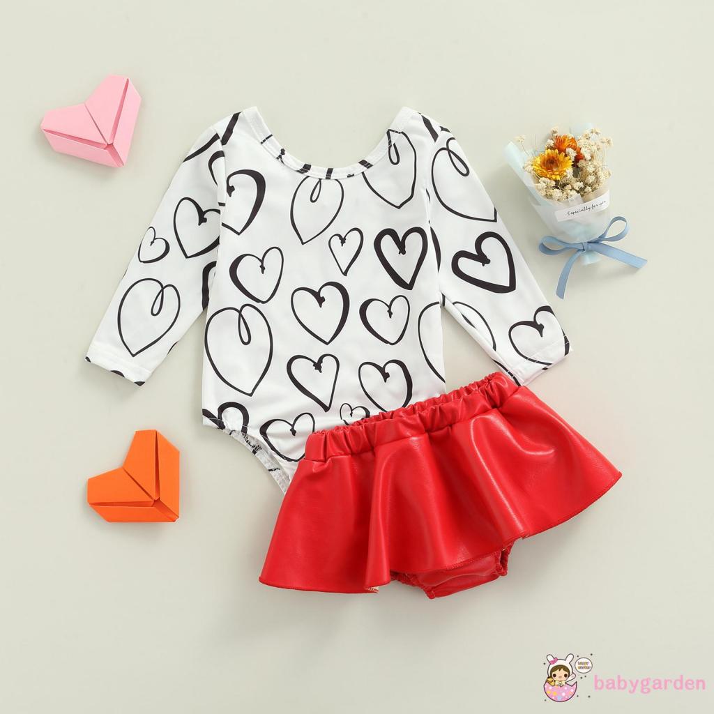 Bộ áo liền quần tay dài cổ tròn in hình trái tim phối chân váy da đỏ xinh xắn cho bé gái 0-18 tháng tuổi