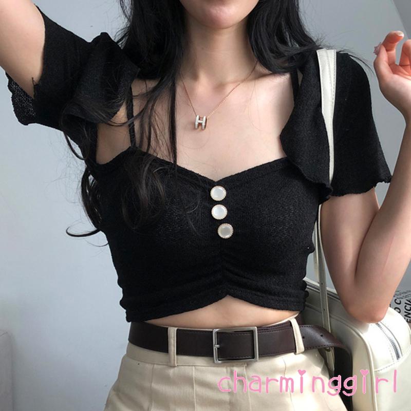 Set Áo Croptop Hai Dây + Áo Khoác Tay Ngắn Màu Trơn Phối Nút Thời Trang Cho Nữ