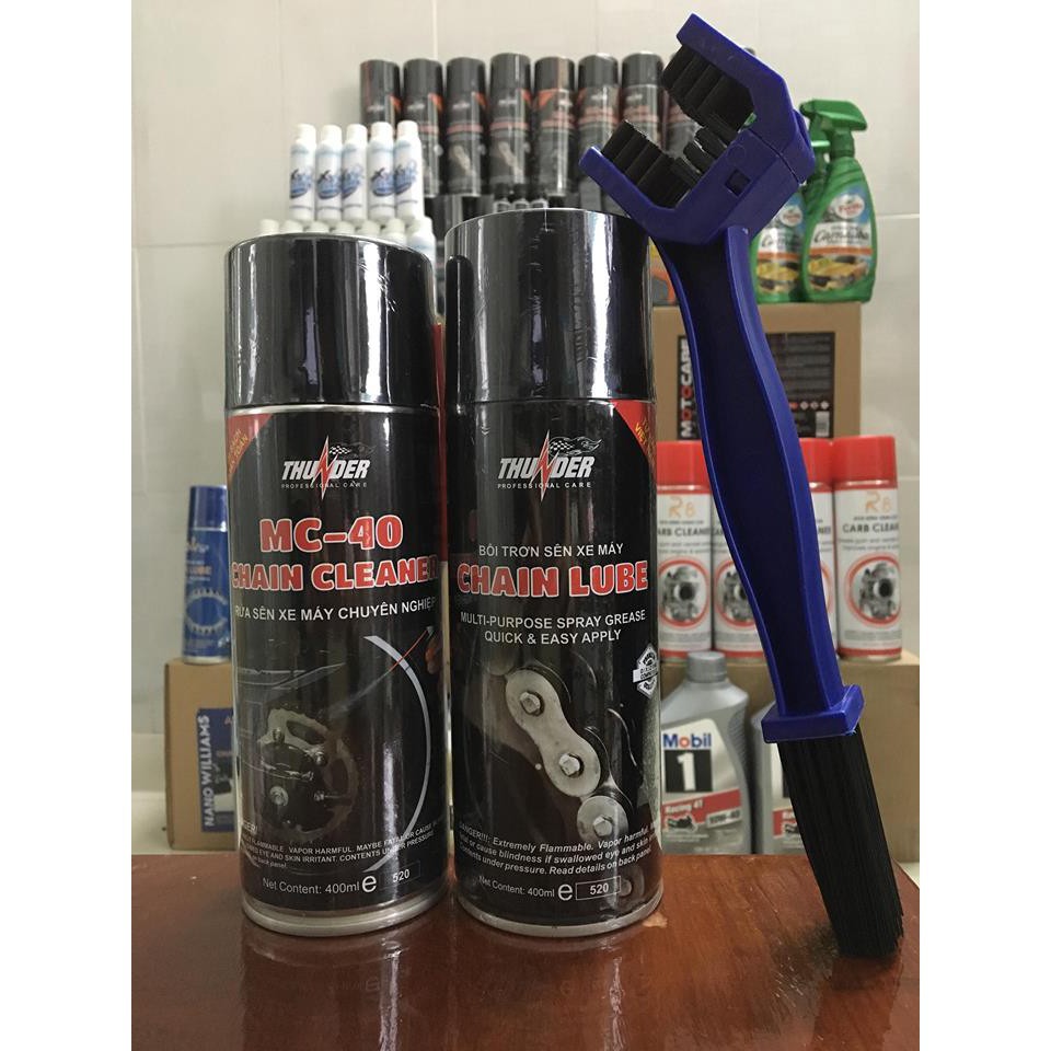 [Mẫu Mới] Combo bảo dưỡng sên chống văng Thunder Chain Lube 400ml và Rửa sên MC - 40 Tặng kèm Bàn chải vệ sinh sên