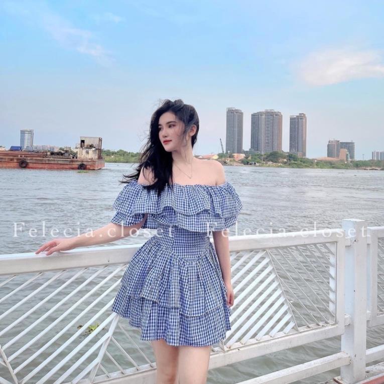 Váy Kẻ Trễ Vai Tầng Xanh Đen, Đầm Trễ Vai Kẻ Dáng Ngắn Hot Hit | BigBuy360 - bigbuy360.vn