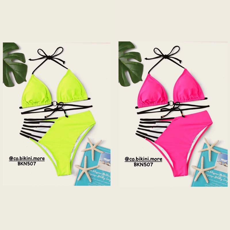 [BKN507] &lt;ÂU&gt; SET BIKINI ĐAN DÂY HÔNG HỒNG/XANH NEON (CẠP CAO)