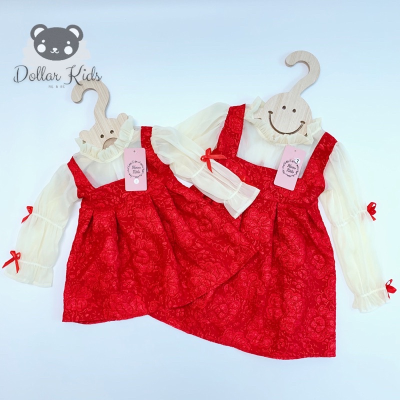 [Váy đỏ mặc Tết, Noel cho bé] Váy đỏ dài tay phối nơ tay bồng đáng yêu cho bé (9-23kg)