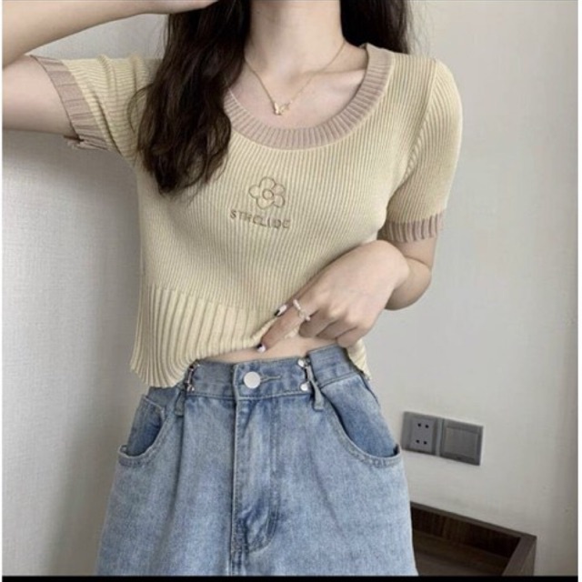 Áo len mongtoghi cộc tay thêu hoa