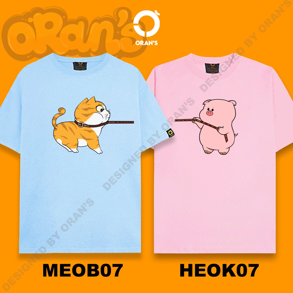 Áo gia đình in hình con heo kéo con mèo 07 tay lỡ Oversize chất COTTON 4C, FULLBOX ORANS COUPLE TEE - ORAN'S