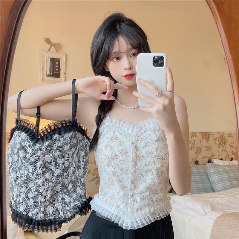 Áo bra ren hoa nhí cúc ngọc tiểu thư, áo corset ren đính ngọc Quảng Châu