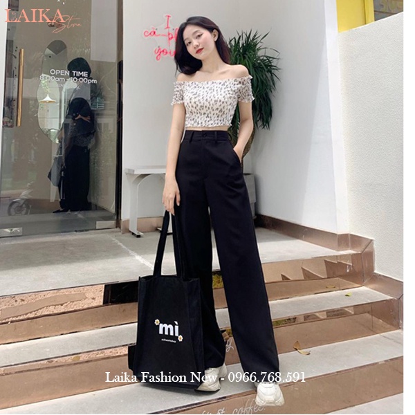 Quần tây nữ ống rộng đi học lưng cao dáng suông dài 100cm màu Đen - Quần ống rộng cạp cao đi học chơi làm công sở xinh
