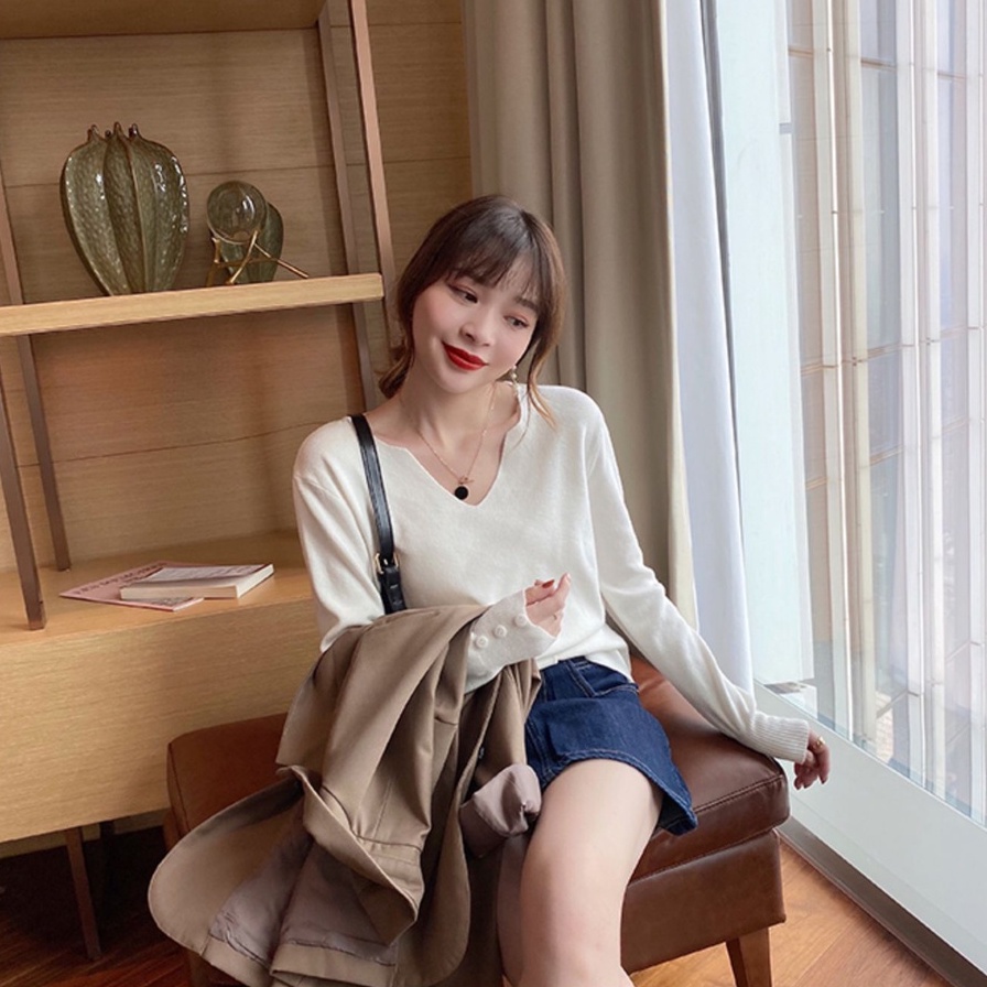 【ZHELIHANGFEI】Áo Len Tay Dài Form Rộng Cổ Chữ V Dễ Phối Đồ