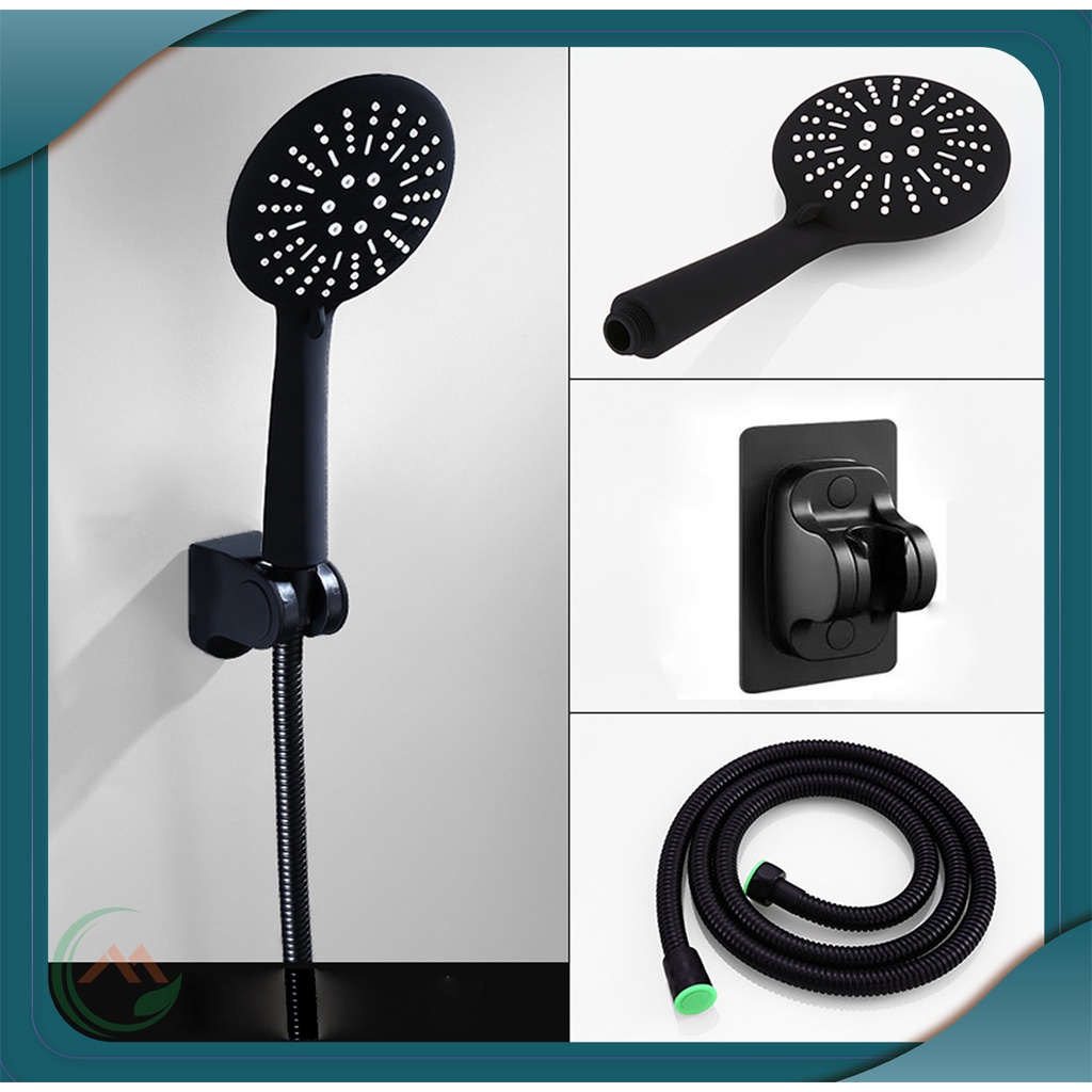 Bộ tay sen 3 chế độ nước chất liệu nhựa ABS bền đẹp màu sắc FULL Đen mặt to kèm dây sen đen và Cài dán đen - QM.TS048B3