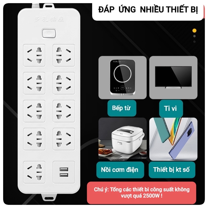 Ổ Cắm Điện USB Đa Năng Công Suất Cao 2500W, Chống Giật, Cháy, Nổ Dây Dài 3m - Yobomall