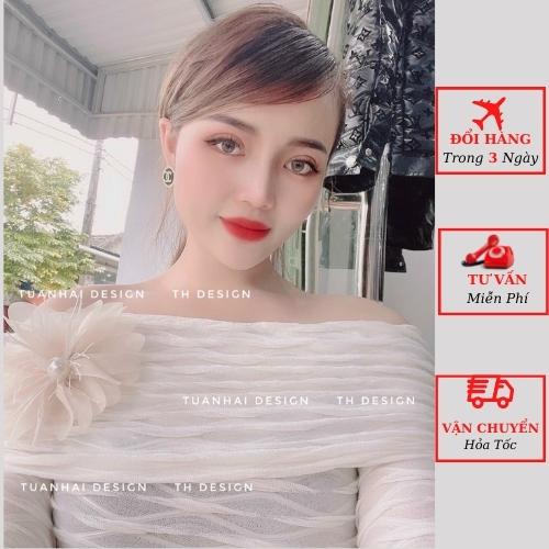 Áo trễ vai nữ xốp nhăn đính hoa tiểu thư bánh bèo cao cấp ulzzang Hàn Quốc