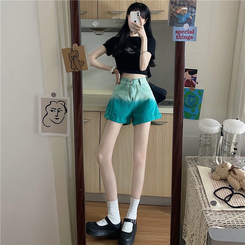 Jiashucheng Quần Short Denim Màu Gradient Lưng Cao Ống Rộng Thời Trang Mùa Hè Cho Nữ