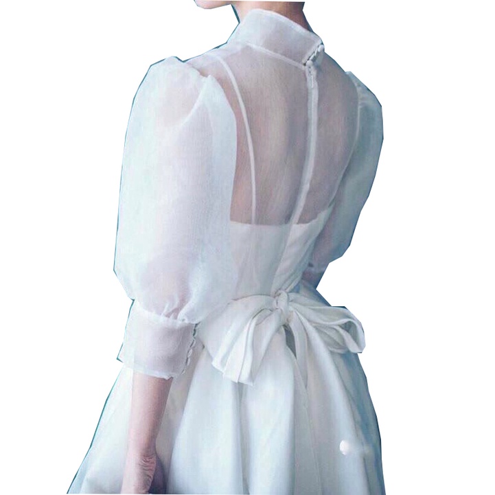 Đầm dự tiệc công chúa trắng cổ tròn xòe nút bọc thắt nơ sau lưng Chiing Store DT026