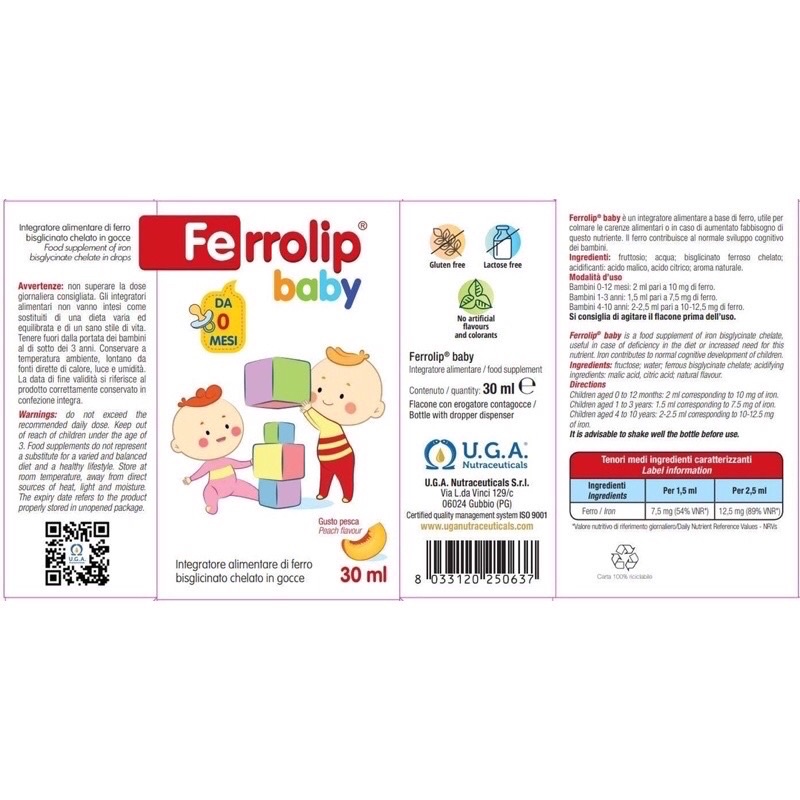 Ferrolip Baby - Sắt hữu cơ nhỏ giọt cho bé (Lọ 30 ml / Italy)