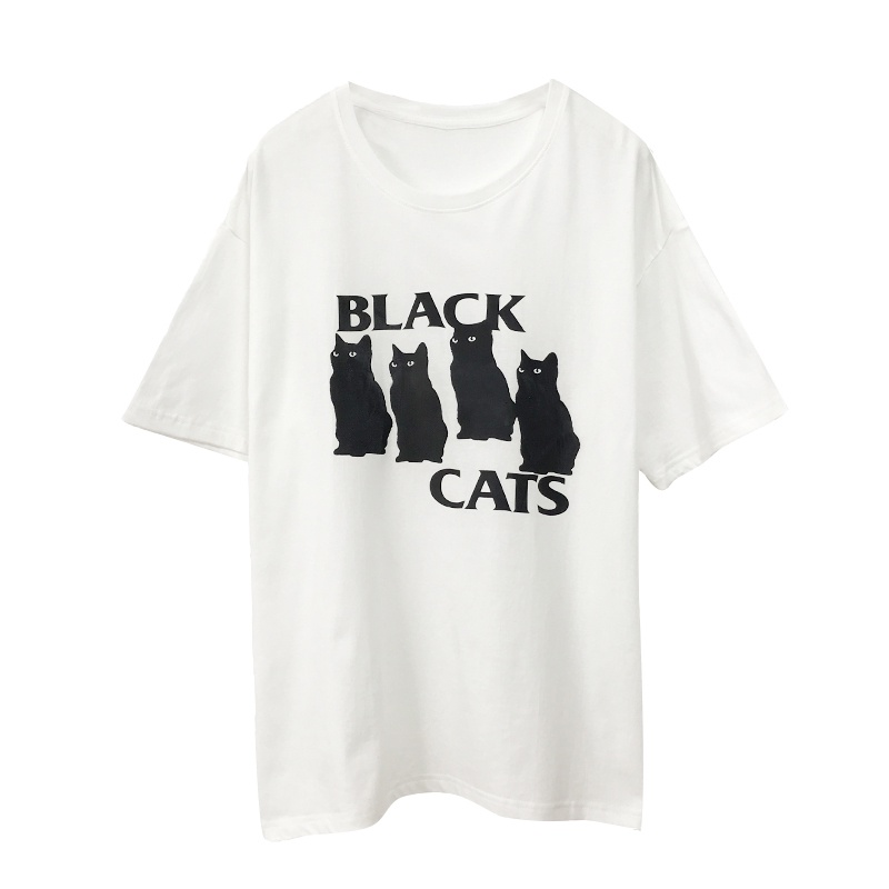 Áo Thun Cotton Trơn Cổ Tròn In Hình Mèo Dễ Phối Đồ 49911