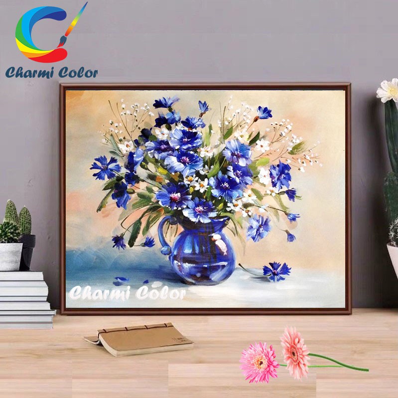 Tranh sơn dầu số hoá tự tô đã căng khung 40x 50 cm KZY5121 Lọ thanh cúc