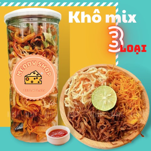 Khô gà mix khô heo mực Meddy Shop 3 vị trong 1 hộp 300g đồ ăn vặt Sài Gòn vừa ngon vừa rẻ
