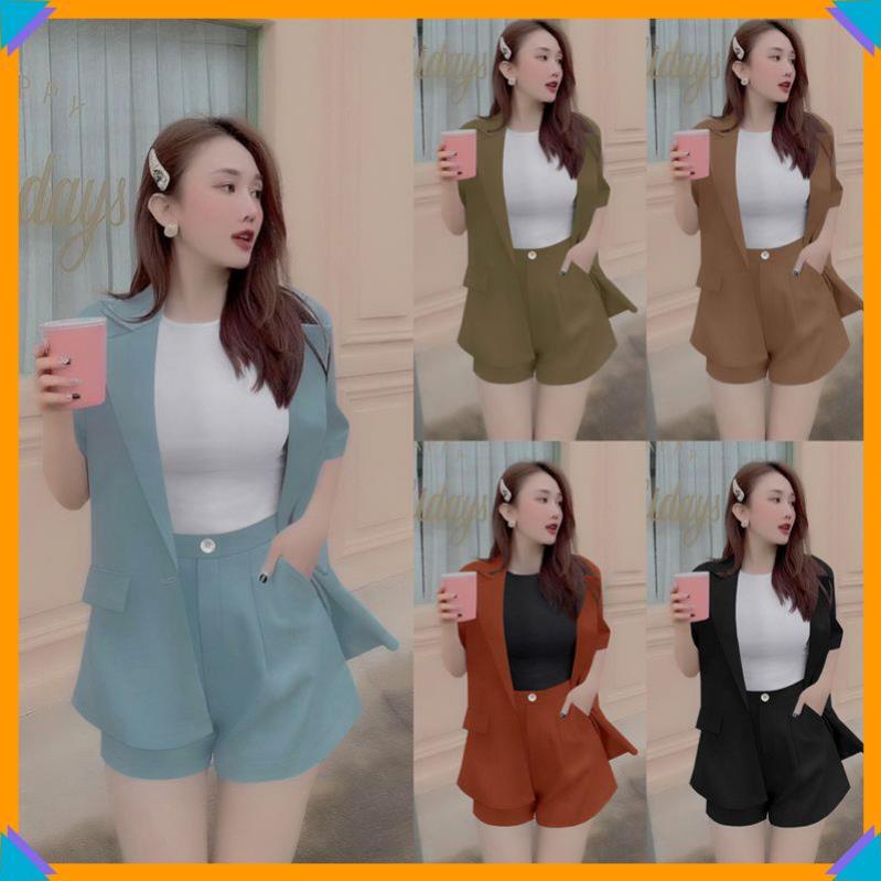 Set bộ vest 3 món xinh xắn, áo khoác form rộng, quần short, áo thun J1177