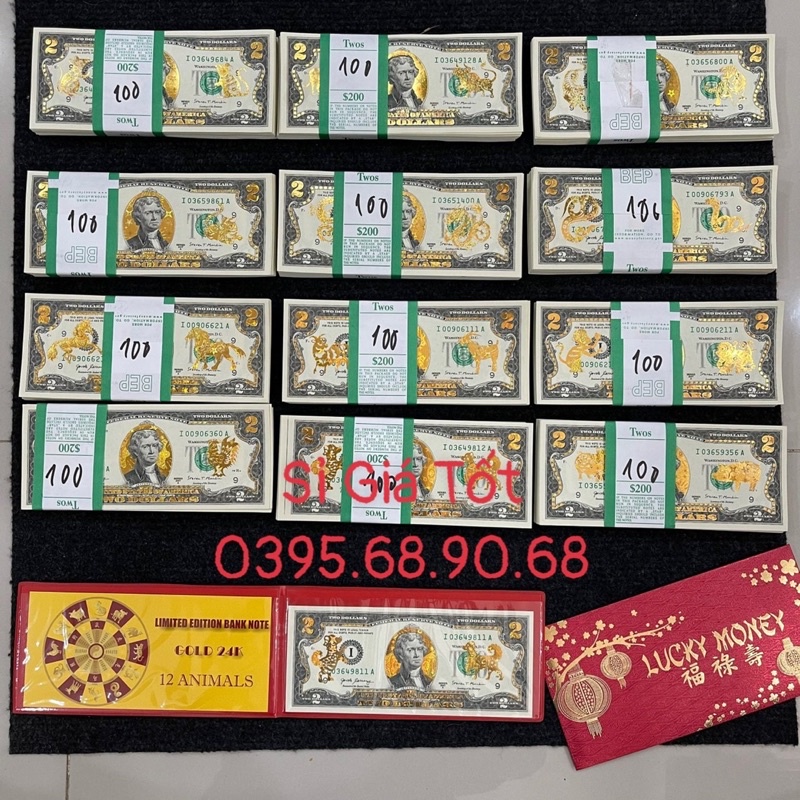 Tờ Tiền 2 Usd Con Giáp Mạ Vàng 3D Kèm Bao Lì Xì, Đô Sưu Tầm Lưu Niệm, Làm Quà Tặng  May Mắn