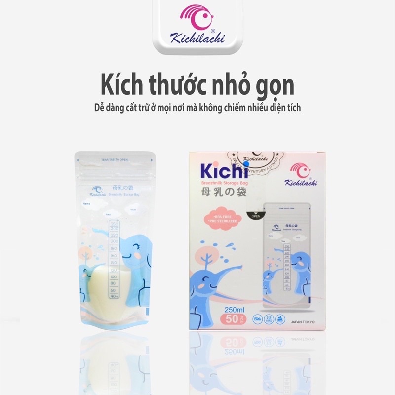 Túi trữ sữa 250ml KICHILACHI hình con voi, túi đựng sữa khoá ziper chắc chắn (50 túi)