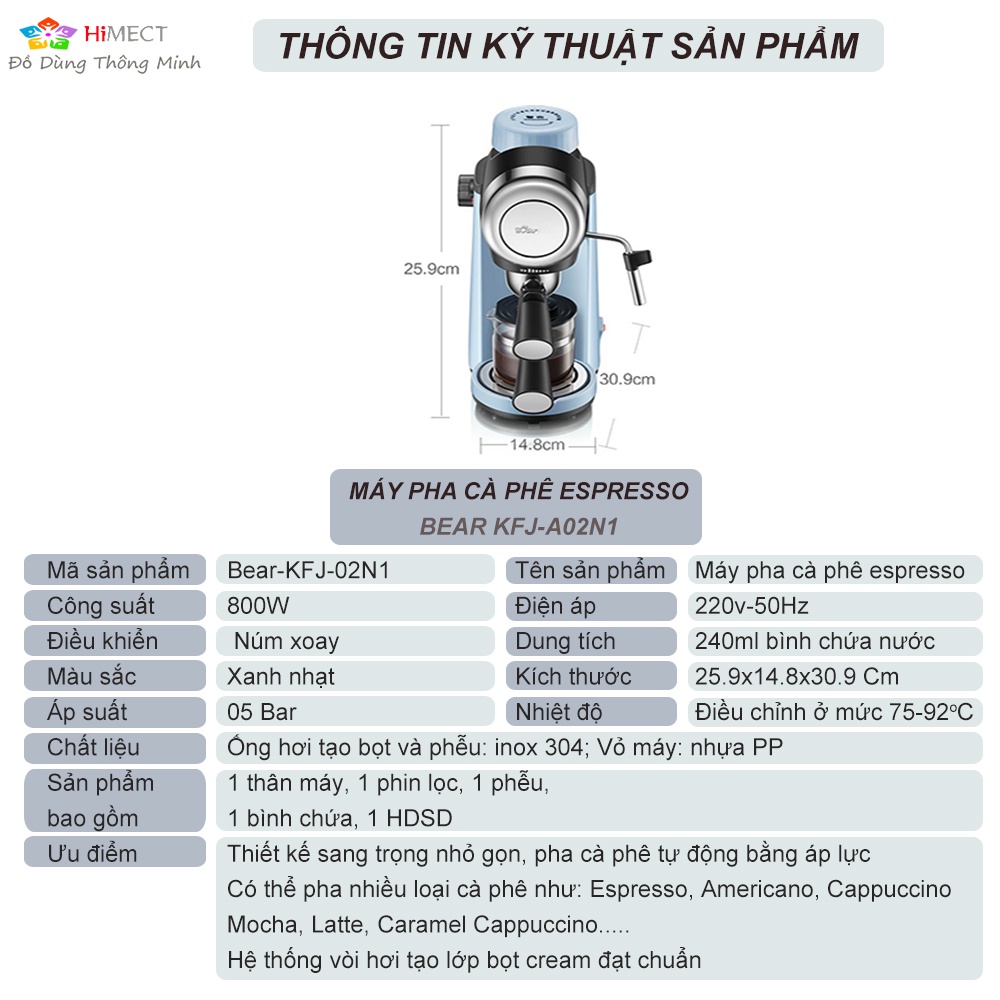 Máy Pha Cà Phê Espresso đánh kem tự động thưởng thức nhiều loại cafe khác nhau Bear KFJ-A02N1- HiMect