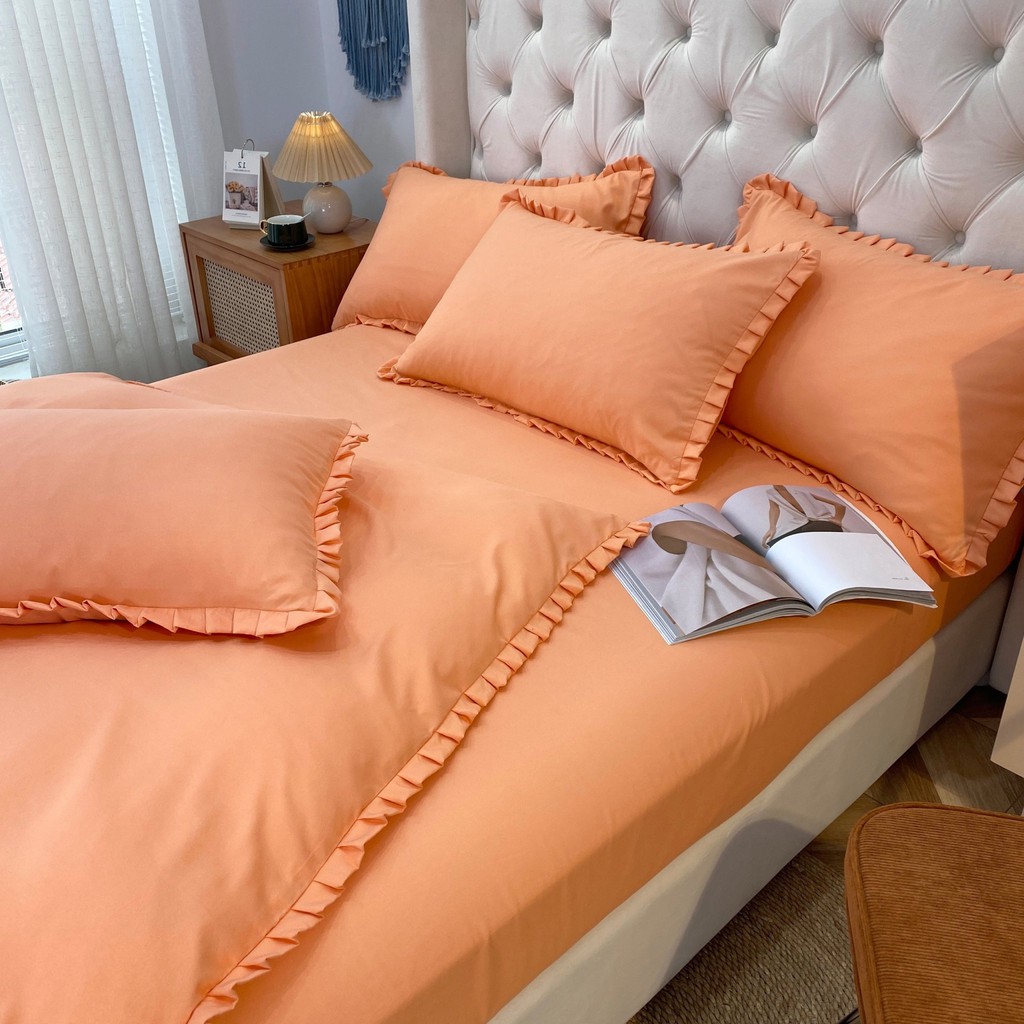 Bộ Chăn Ga Gối Cotton Tici Bèo Lidaco Cao Cấp - Cam Đào