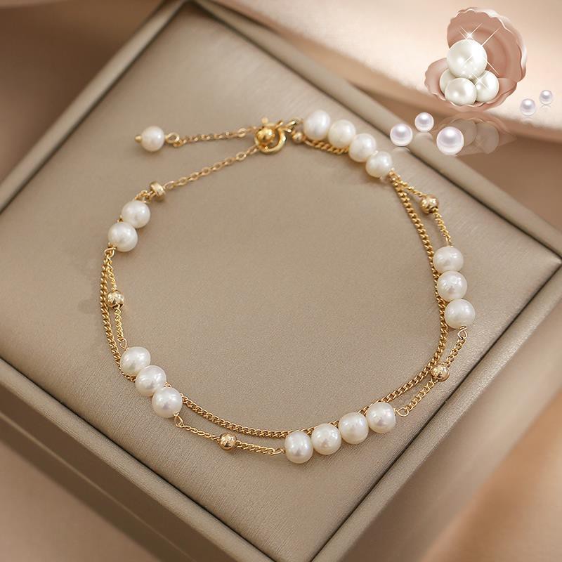 ◕☜❦vòng tay ngọc trai nước ngọt thiên nhiên bạc 925 hai lớp phong cách Hàn Quốc nữ sinh cá tính đơn giản trong thiết kế