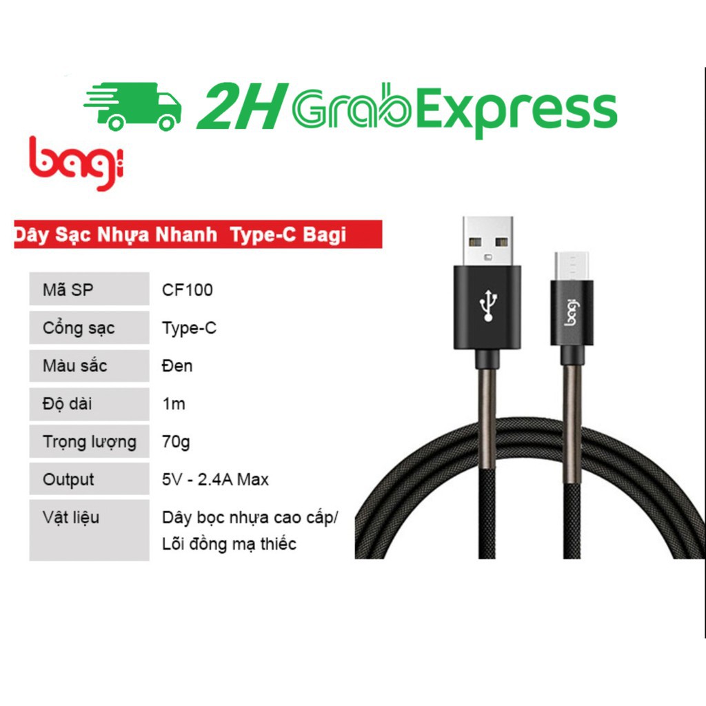Dây sạc nhựa chống đứt Bagi Type – C dài 1m CB-CF10