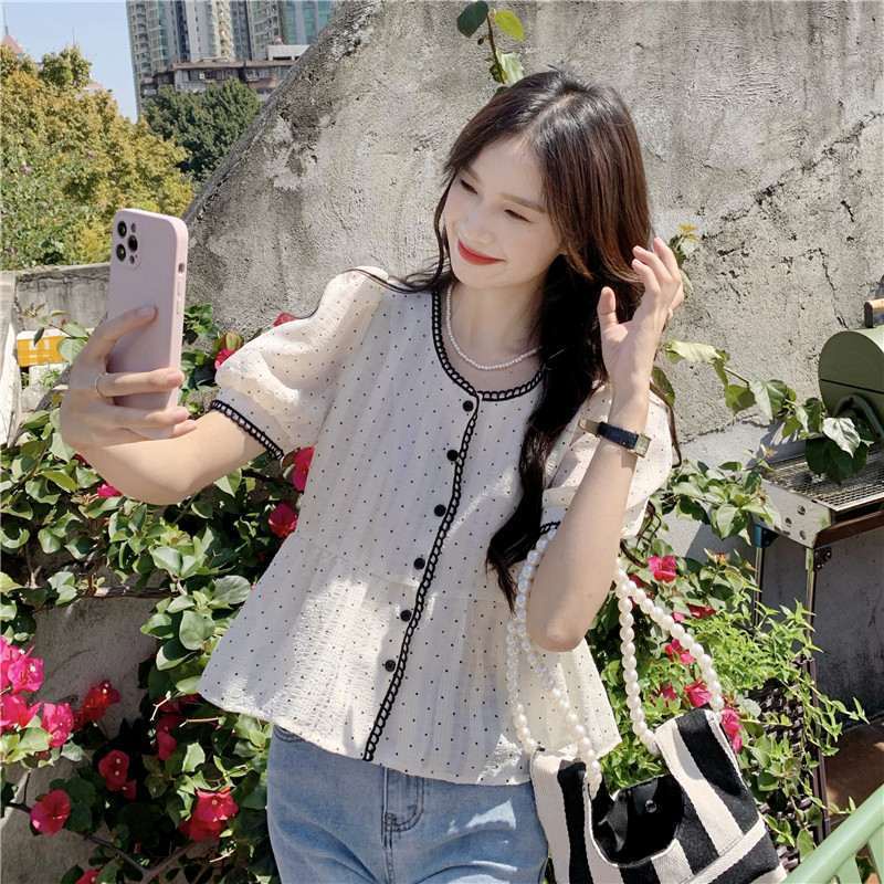 Áo Sơ Mi Tay Phồng Họa Tiết Chấm Bi Thời Trang Hàn Quốc