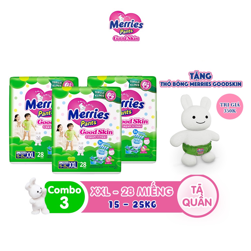 [Mã FMCGKAO52 giảm 8% đơn 250k] Combo 3 Tã quần Merries Goodskin đủ size M50/L44/XL38/XXL28