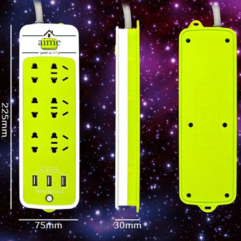 Ổ Cắm Điện Đa Năng Chống Giật Với 3 Cổng USB, 6 Phích Cắm, Có Công Tắc - Màu Xanh Lá tại AimeStore